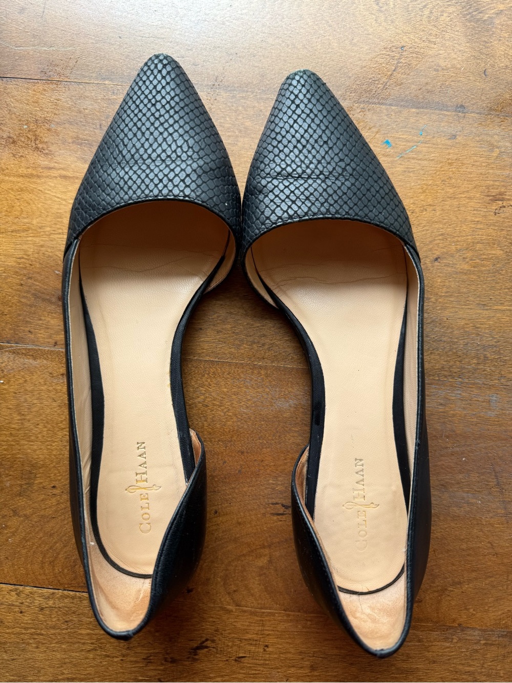 Cole Haan Black Pointed D'Orsay Snake-Embossed Flats